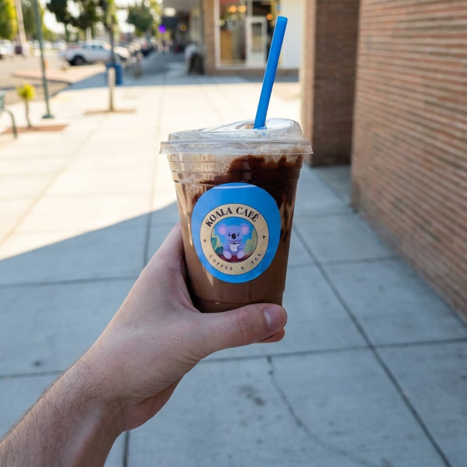 Hand holding a clear iced coffee cup with blue straw and Koala Cafe logo beside a sunlit brick building.