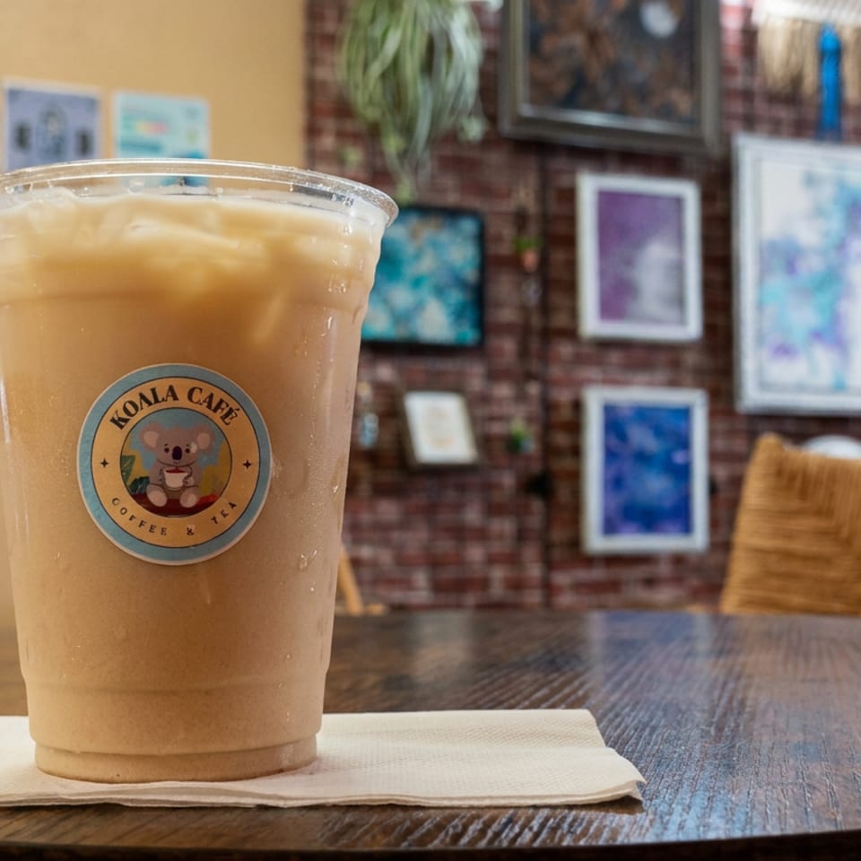 Iced coffee in a clear cup with a Koala Café logo, sitting on a napkin at a cozy café table surrounded by artwork.