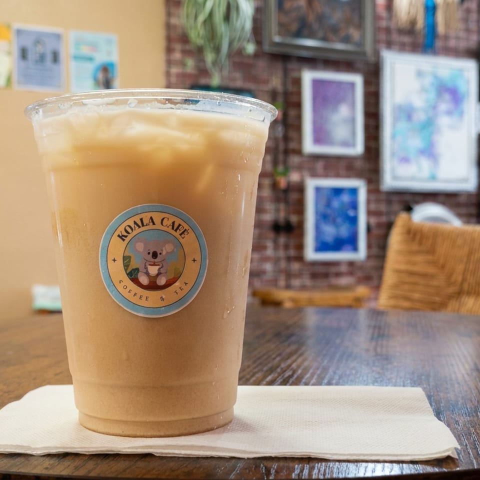 Iced coffee in a Koala Cafe cup sits on a napkin atop a wooden table in a cozy café with artwork and wicker seating.