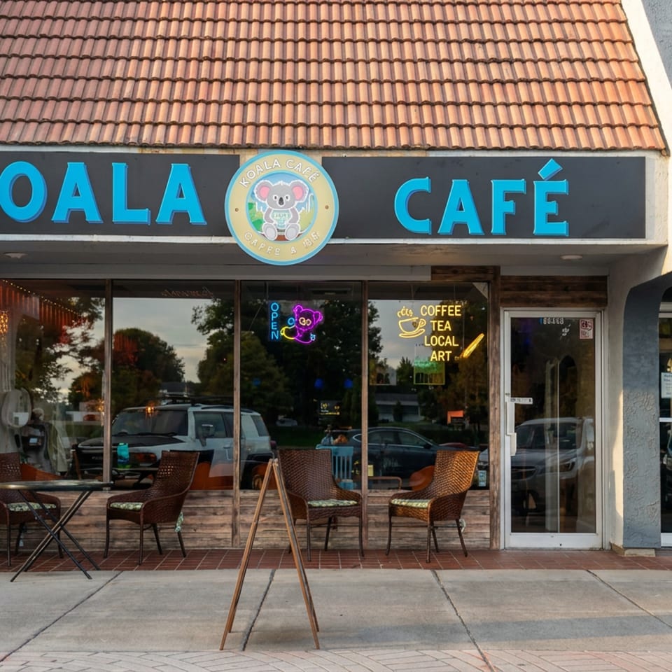 Koala Café storefront with bright blue signage, outdoor café seating, glass doors, and neon coffee and tea signs.